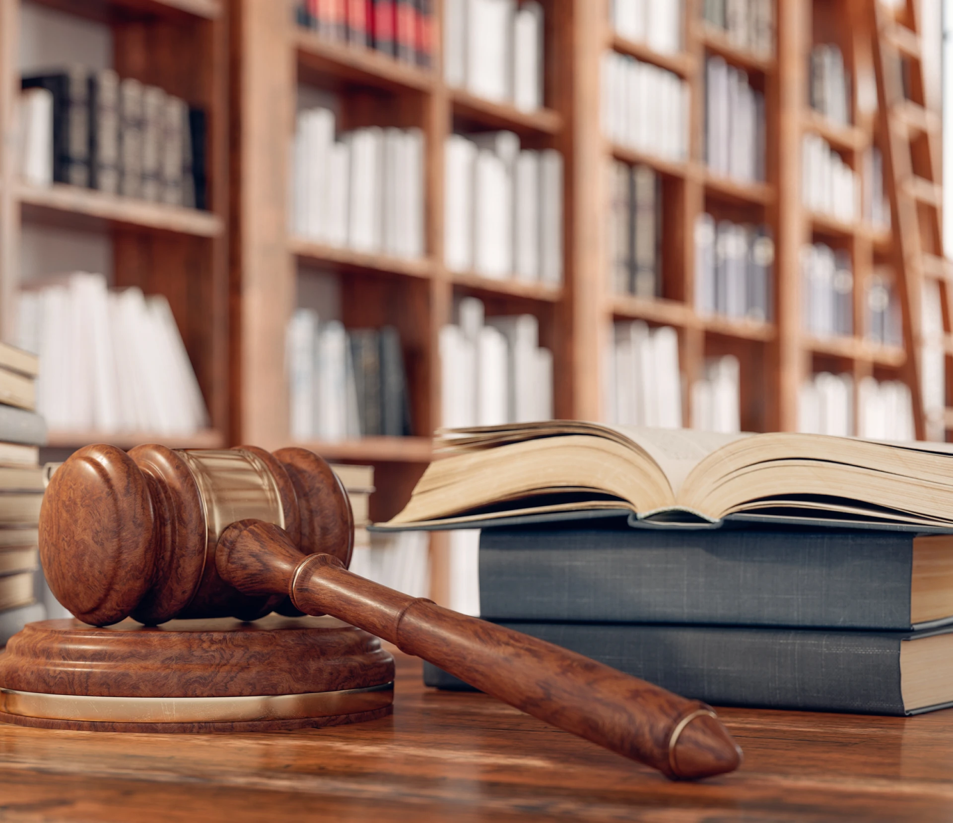 Law library with open book and gavel